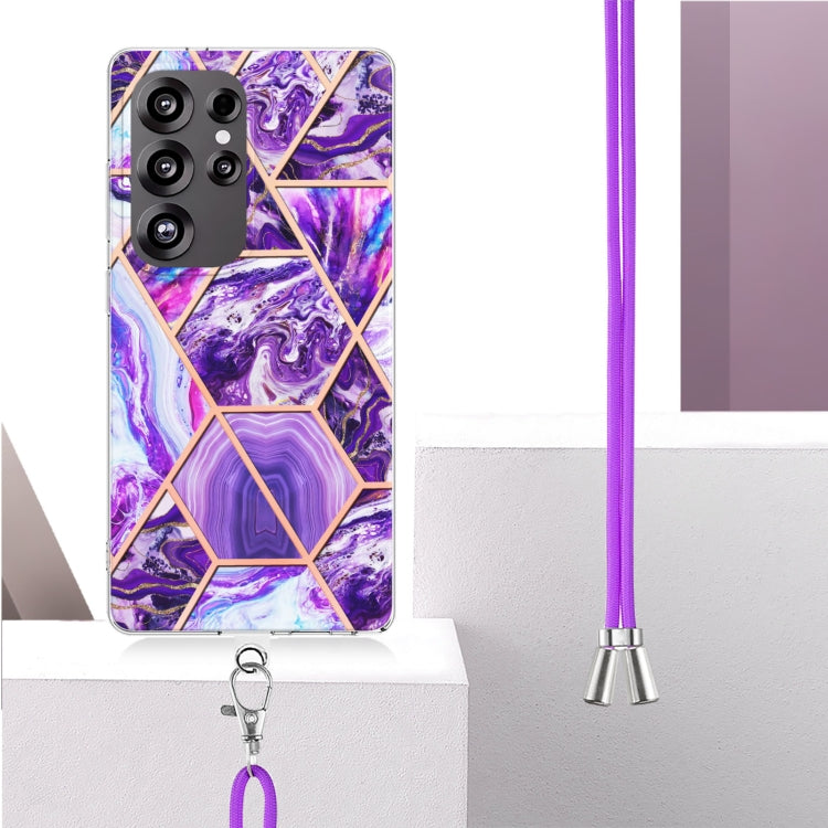 For Samsung Galaxy S25 Ultra 5G Electroplating IMD Splicing Dual-side Marble TPU Phone Case with Lanyard(Dark Purple) - Galaxy S25 Ultra 5G Cases by PMC TechLife | Online Shopping South Africa | PMC TechLife | Buy Now Pay Later Mobicred
