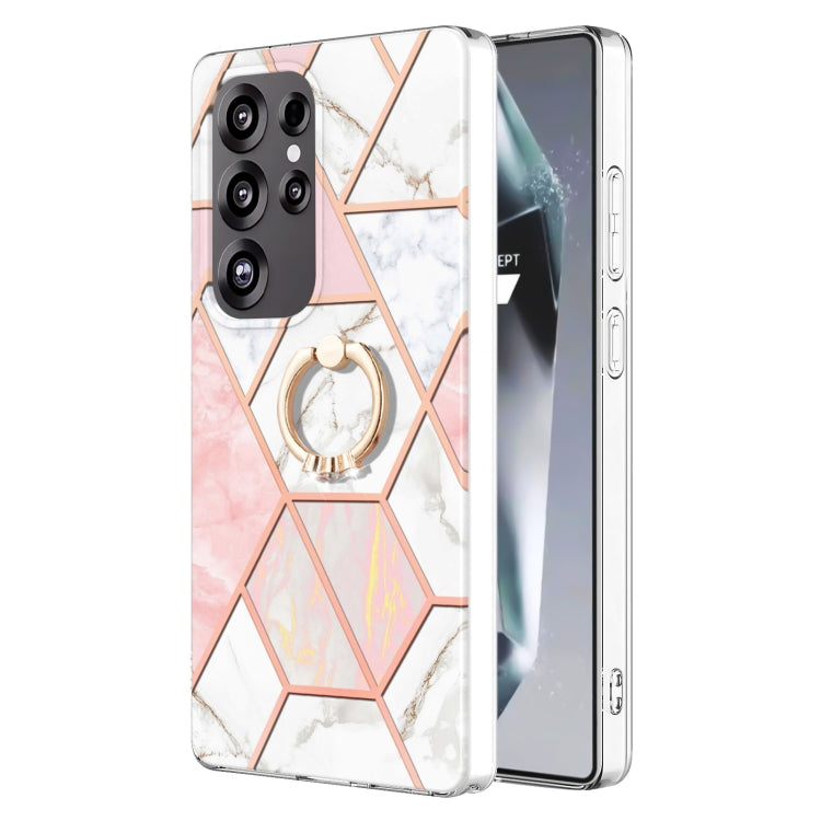 For Samsung Galaxy S25 Ultra 5G Splicing Marble Flower IMD TPU Phone Case Ring Holder(Pink White) - Galaxy S25 Ultra 5G Cases by PMC TechLife | Online Shopping South Africa | PMC TechLife | Buy Now Pay Later Mobicred