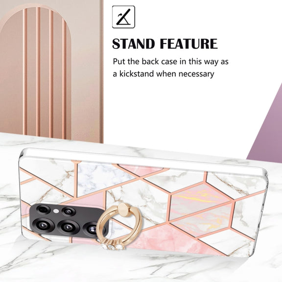 For Samsung Galaxy S25 Ultra 5G Splicing Marble Flower IMD TPU Phone Case Ring Holder(Pink White)