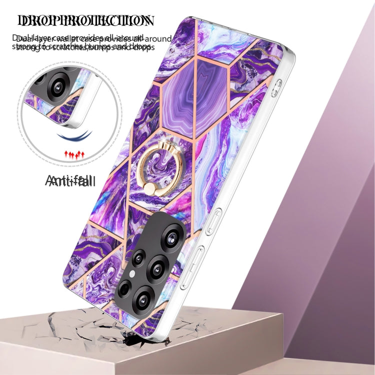 For Samsung Galaxy S25 Ultra 5G Splicing Marble Flower IMD TPU Phone Case Ring Holder(Dark Purple)