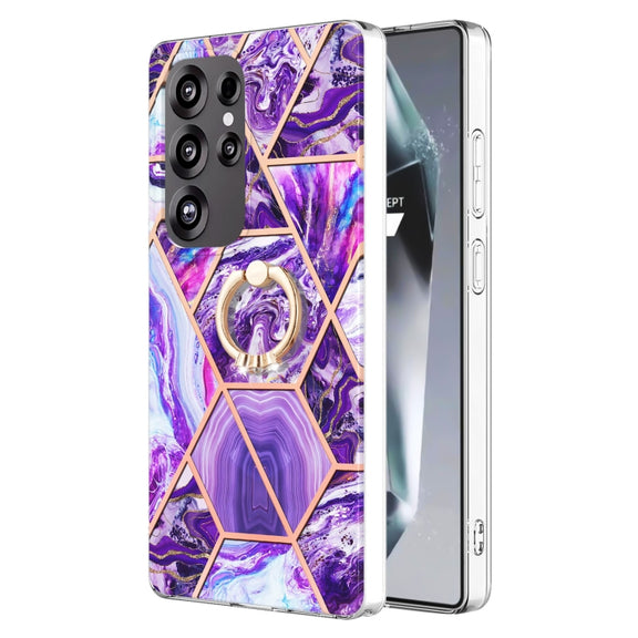 For Samsung Galaxy S25 Ultra 5G Splicing Marble Flower IMD TPU Phone Case Ring Holder(Dark Purple)