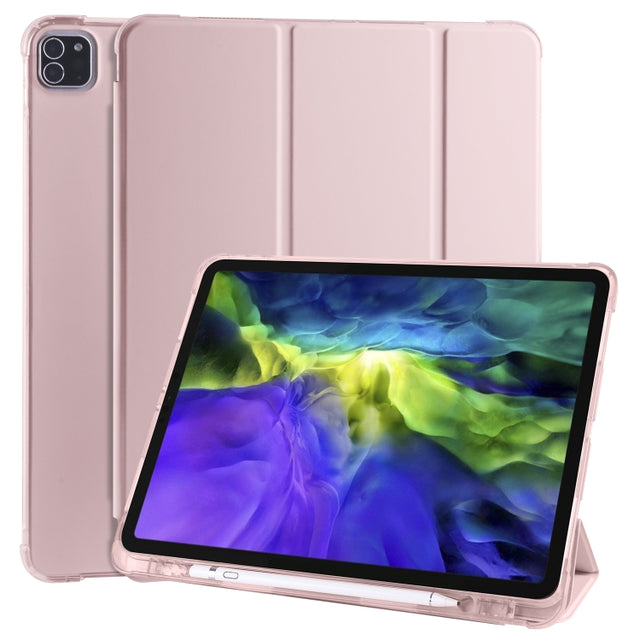 For iPad Air 13 2024 / iPad Pro 12.9 (2020) / iPad Pro 12.9(2018) 3-folding Horizontal Flip PU Leather + Shockproof TPU Tablet Case with Holder & Pen Slot(Pink)