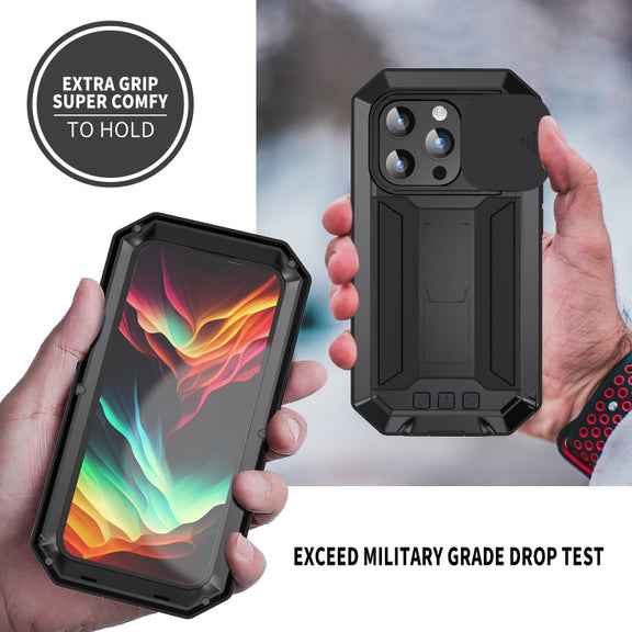 For iPhone 15 Pro Max R-JUST Sliding Camera IP54 Life Water-resistant Holder Phone Case(Black)