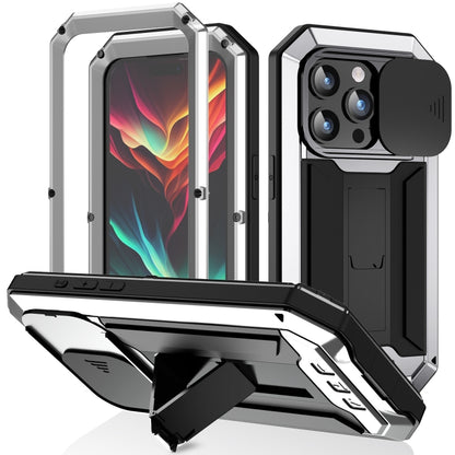 For iPhone 15 Pro Max R-JUST Sliding Camera IP54 Life Waterproof Holder Phone Case(Silver) - free shipping - PMC Jewellery - Order now!