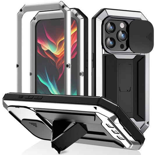 For iPhone 15 Pro Max R-JUST Sliding Camera IP54 Life Waterproof Holder Phone Case(Silver) - free shipping - PMC Jewellery - Order now!