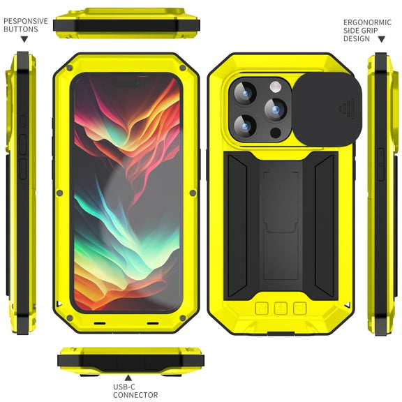 For iPhone 15 Pro R-JUST Sliding Camera IP54 Life Water-resistant Holder Phone Case(Yellow)