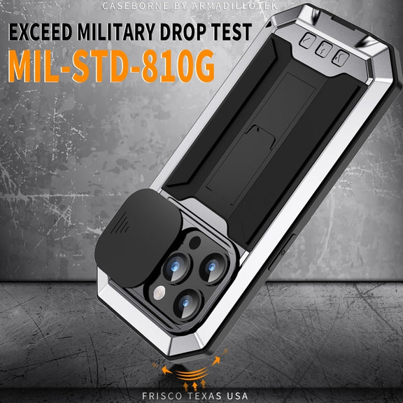 For iPhone 15 Pro R-JUST Sliding Camera IP54 Life Water-resistant Holder Phone Case(Silver)