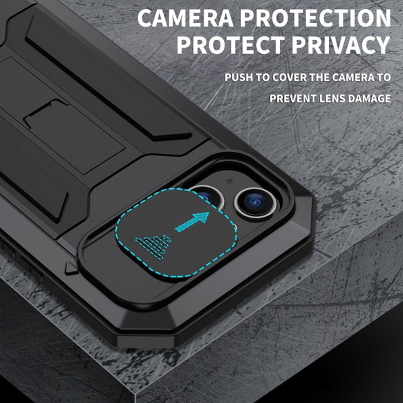 For iPhone 15 Plus R-JUST Sliding Camera IP54 Life Water-resistant Holder Phone Case(Black)