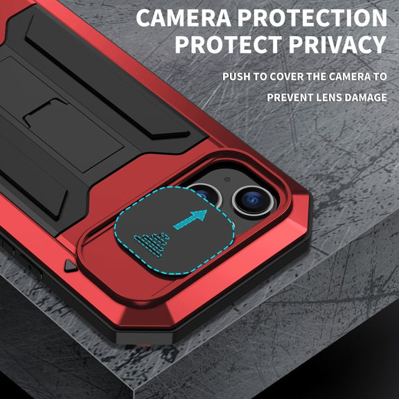 For iPhone 15 Plus R-JUST Sliding Camera IP54 Life Water-resistant Holder Phone Case(Red)