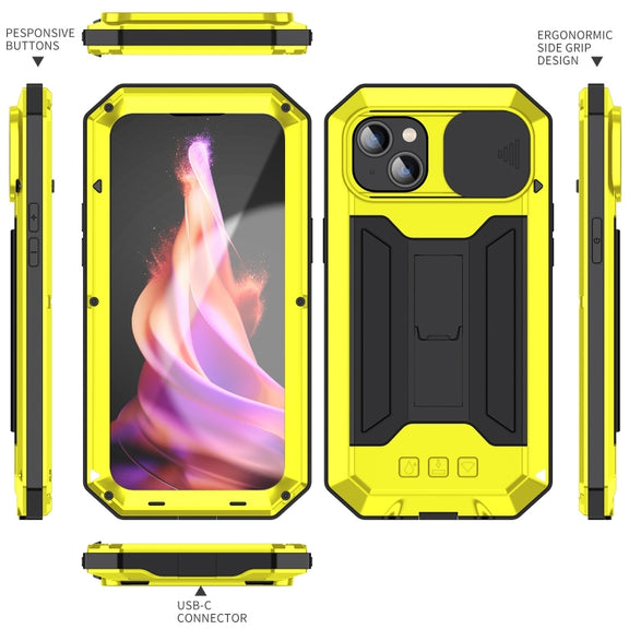 For iPhone 15 Plus R-JUST Sliding Camera IP54 Life Water-resistant Holder Phone Case(Yellow)