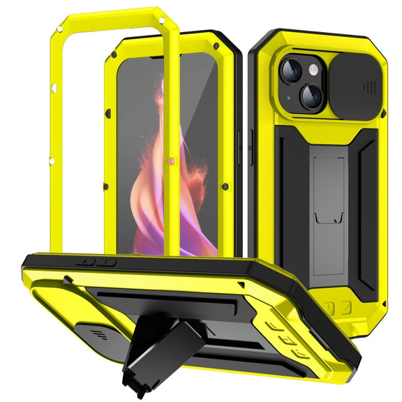 For iPhone 15 Plus R-JUST Sliding Camera IP54 Life Water-resistant Holder Phone Case(Yellow)