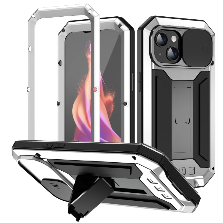 For iPhone 15 Plus R-JUST Sliding Camera IP54 Life Waterproof Holder Phone Case(Silver) - free shipping - PMC TechLife - Order now!