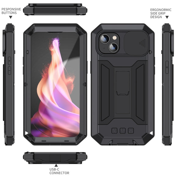 For iPhone 15 R-JUST Sliding Camera IP54 Life Water-resistant Holder Phone Case(Black)