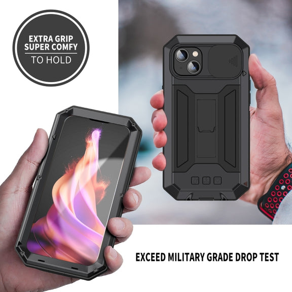 For iPhone 15 R-JUST Sliding Camera IP54 Life Water-resistant Holder Phone Case(Black)