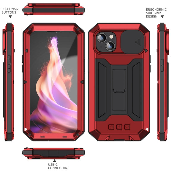 For iPhone 15 R-JUST Sliding Camera IP54 Life Water-resistant Holder Phone Case(Red)