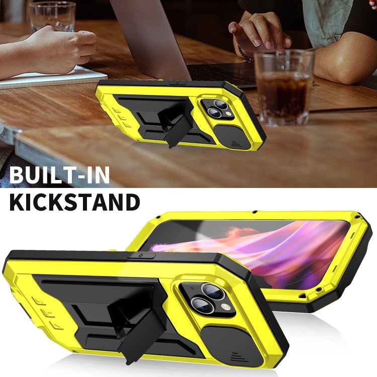 For iPhone 15 R-JUST Sliding Camera IP54 Life Water-resistant Holder Phone Case(Yellow)