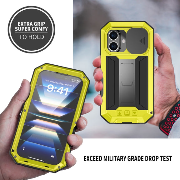 For iPhone 16 R-JUST Sliding Camera IP54 Life Water-resistant Holder Phone Case(Yellow)