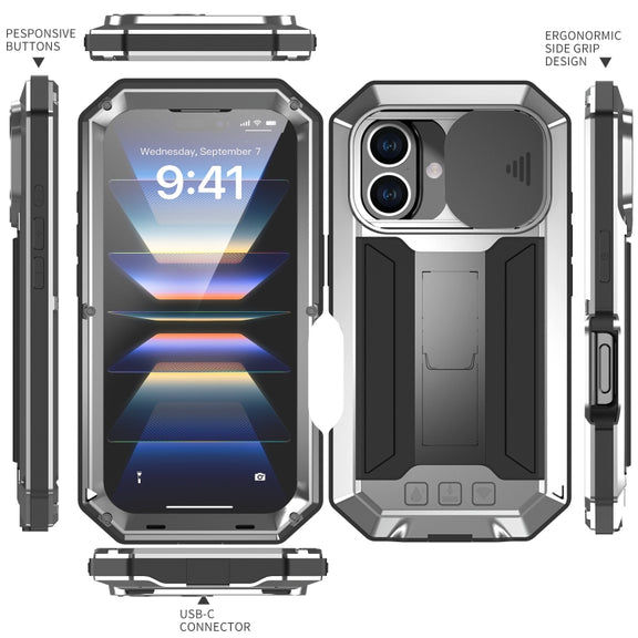For iPhone 16 R-JUST Sliding Camera IP54 Life Water-resistant Holder Phone Case(Silver)