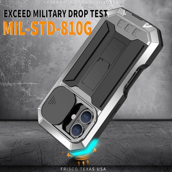 For iPhone 16 R-JUST Sliding Camera IP54 Life Water-resistant Holder Phone Case(Silver)