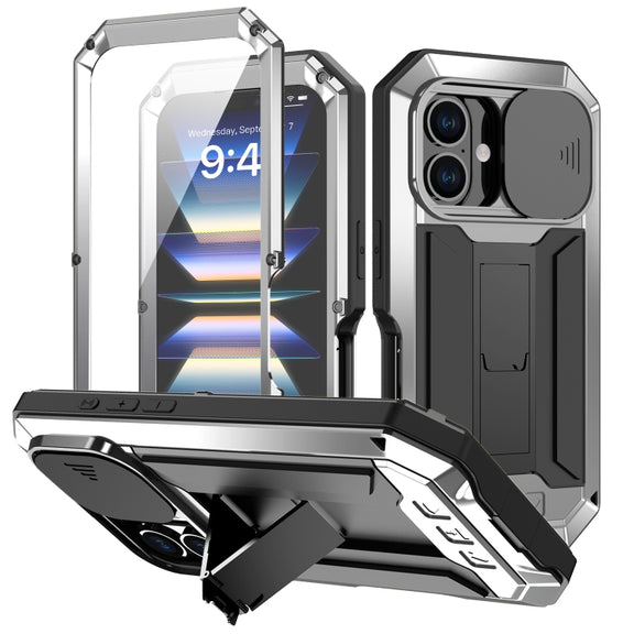For iPhone 16 R-JUST Sliding Camera IP54 Life Water-resistant Holder Phone Case(Silver)