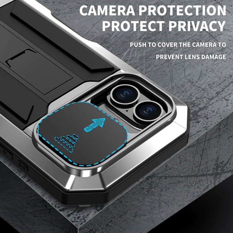 For iPhone 16 R-JUST Sliding Camera IP54 Life Water-resistant Holder Phone Case(Silver)