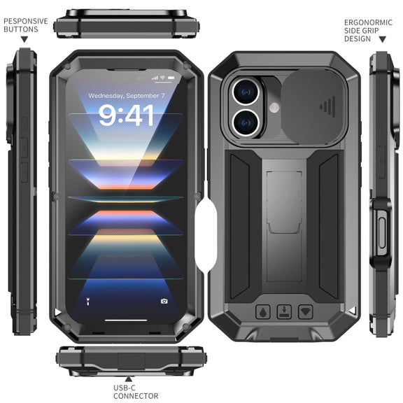 For iPhone 16 Plus R-JUST Sliding Camera IP54 Life Water-resistant Holder Phone Case(Black)