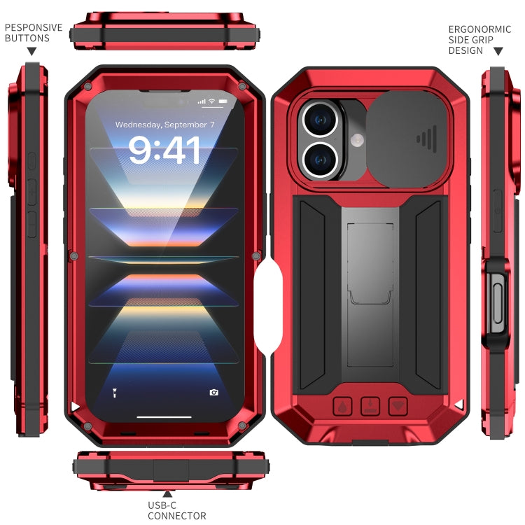 For iPhone 16 Plus R-JUST Sliding Camera IP54 Life Water-resistant Holder Phone Case(Red)