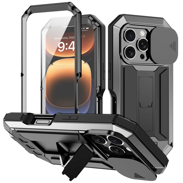 For iPhone 16 Pro Max R-JUST Sliding Camera IP54 Life Water-resistant Holder Phone Case(Black)