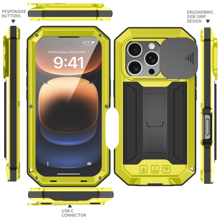 For iPhone 16 Pro Max R-JUST Sliding Camera IP54 Life Waterproof Holder Phone Case(Yellow) - free shipping - PMC Jewellery - Order now!