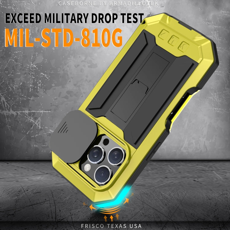 For iPhone 16 Pro Max R-JUST Sliding Camera IP54 Life Water-resistant Holder Phone Case(Yellow)