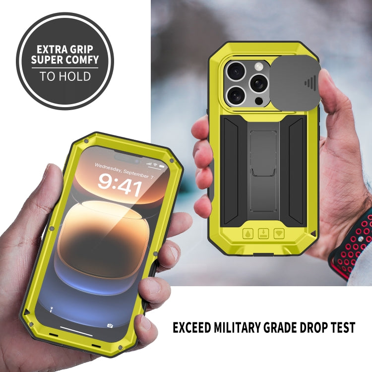 For iPhone 16 Pro Max R-JUST Sliding Camera IP54 Life Waterproof Holder Phone Case(Yellow) - free shipping - PMC Jewellery - Order now!