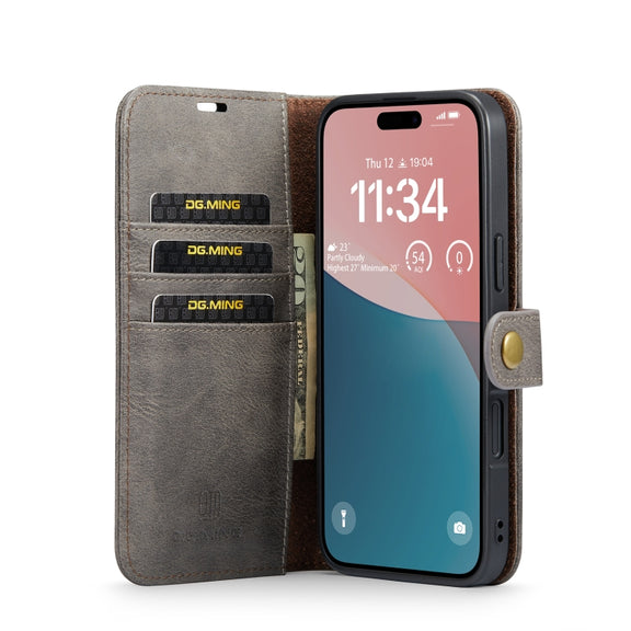 For iPhone 16 DG.MING Crazy Horse Texture Detachable Magnetic Leather Phone Case(Grey)