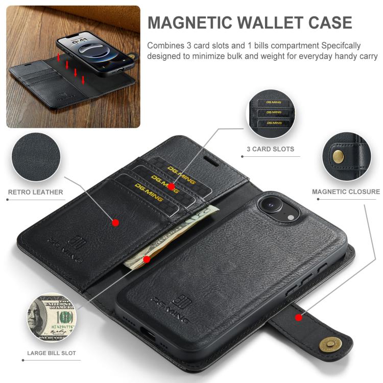 For iPhone 16e DG.MING Crazy Horse Texture Detachable Magnetic Leather Phone Case(Black) - free shipping - PMc TechLife - Order now!