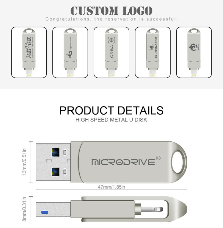 MicroDrive 2 In 1  8 Pin + USB 2.0 Portable Metal USB Flash Disk, Capacity:32GB(Silver)