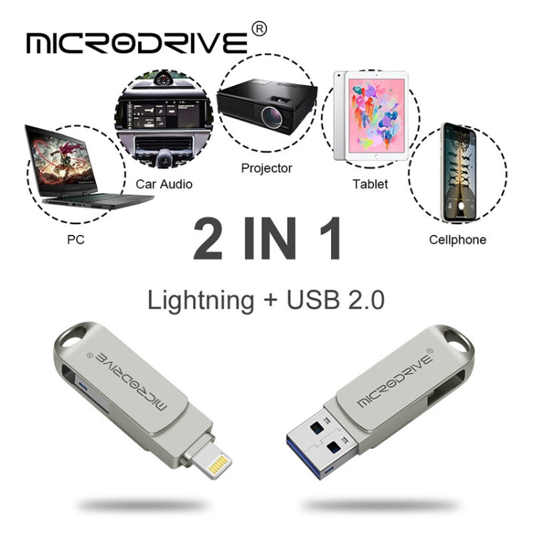 MicroDrive 2 In 1  8 Pin + USB 2.0 Portable Metal USB Flash Disk, Capacity:32GB(Silver)