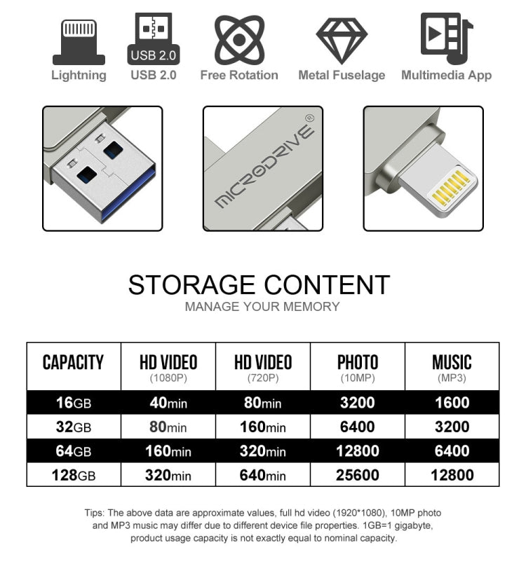 MicroDrive 2 In 1  8 Pin + USB 2.0 Portable Metal USB Flash Disk, Capacity:32GB(Silver)