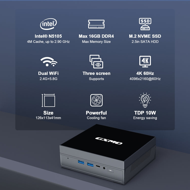 GXMO GX55 Windows 11 Intel N5105 Mini PC NVME SSD WiFi Mini Desktop Computer, Specification:16GB+512GB(Black) - free shipping - PMC Jewellery - Order now!