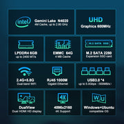 GXMO N42 Windows 11 Intel Gemini Lake N4020C Mini PC NVME SSD WiFi Mini Desktop Computer, Specification:6GB+64GB+256GB(Black)