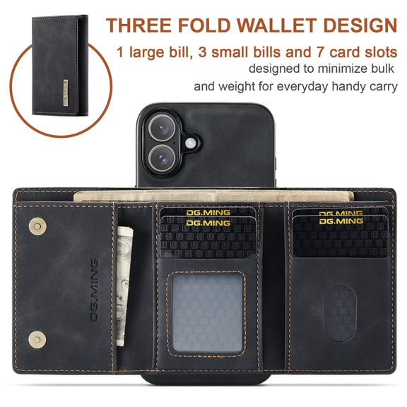 For iPhone 16 Plus DG.MING M1 Series 3-Fold Multi Card Wallet Leather Phone Case(Black)