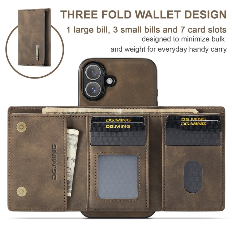 For iPhone 16 Plus DG.MING M1 Series 3-Fold Multi Card Wallet Leather Phone Case(Coffee)