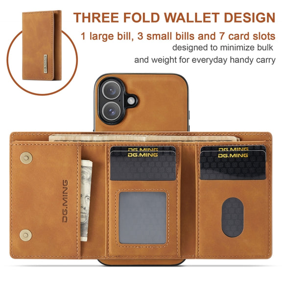For iPhone 16 DG.MING M1 Series 3-Fold Multi Card Wallet Leather Phone Case(Brown)