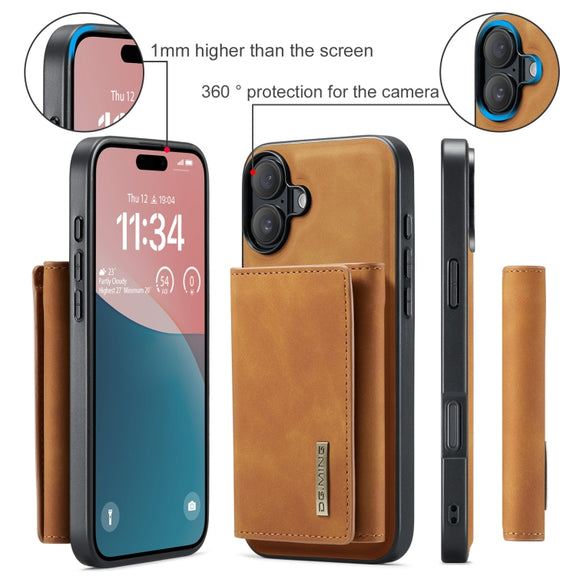 For iPhone 16 DG.MING M1 Series 3-Fold Multi Card Wallet Leather Phone Case(Brown)