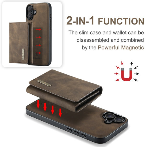 For iPhone 16 DG.MING M1 Series 3-Fold Multi Card Wallet Leather Phone Case(Coffee)
