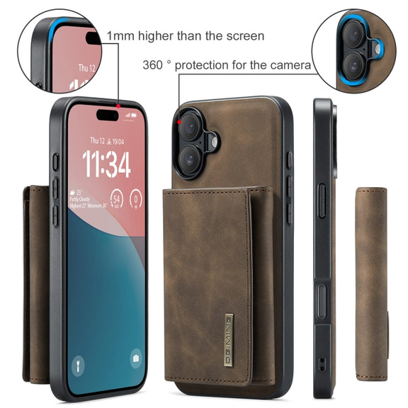 For iPhone 16 DG.MING M1 Series 3-Fold Multi Card Wallet Leather Phone Case(Coffee)