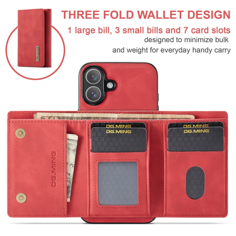 For iPhone 16 DG.MING M1 Series 3-Fold Multi Card Wallet Leather Phone Case(Red)