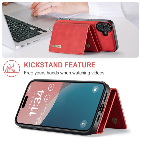 For iPhone 16 DG.MING M1 Series 3-Fold Multi Card Wallet Leather Phone Case(Red)