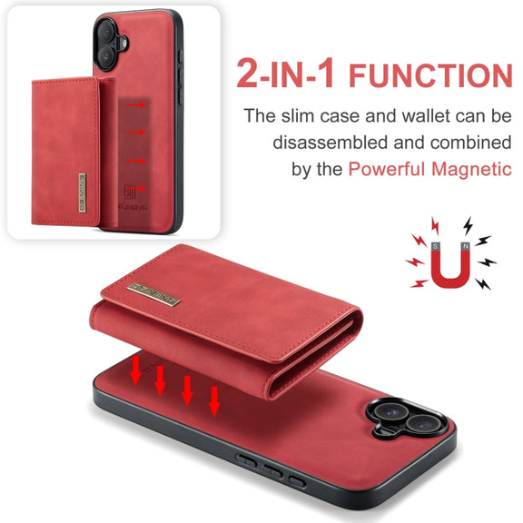 For iPhone 16 DG.MING M1 Series 3-Fold Multi Card Wallet Leather Phone Case(Red)