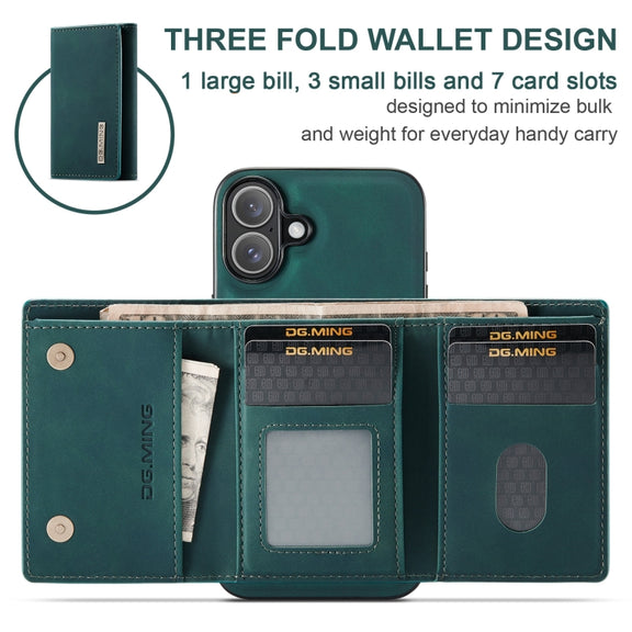 For iPhone 16 DG.MING M1 Series 3-Fold Multi Card Wallet Leather Phone Case(Green)