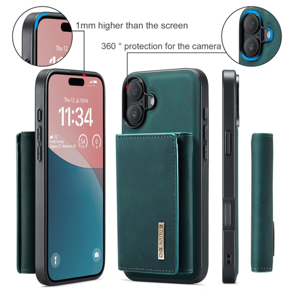 For iPhone 16 DG.MING M1 Series 3-Fold Multi Card Wallet Leather Phone Case(Green)