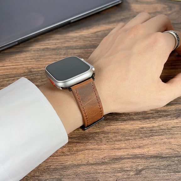 For Apple Watch Ultra 49mm Retro Texture Leather Watch Band(Black)
